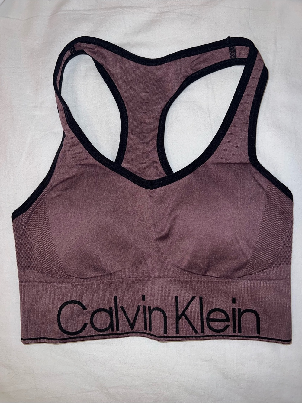 Calvin Klein Seamless Racerback Sports Bralette — Dusty Mauve with Black Trim